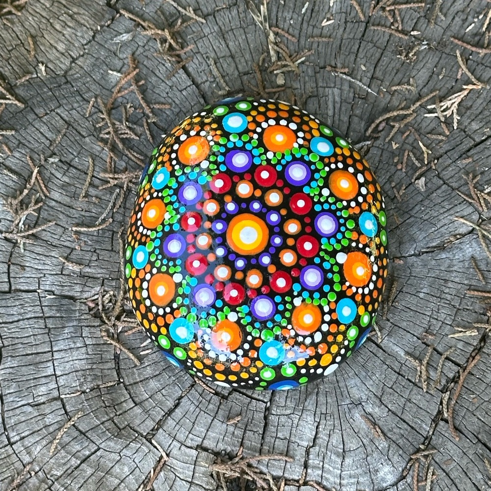 Mandala Rock Art
Rainbow Mandala
Hand-painted. 
Repurposed beach rock